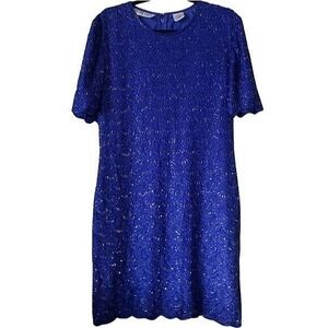 Woman's 80's Silk Beaded Scalloped Knee Length Dress size‎ 8 Blue